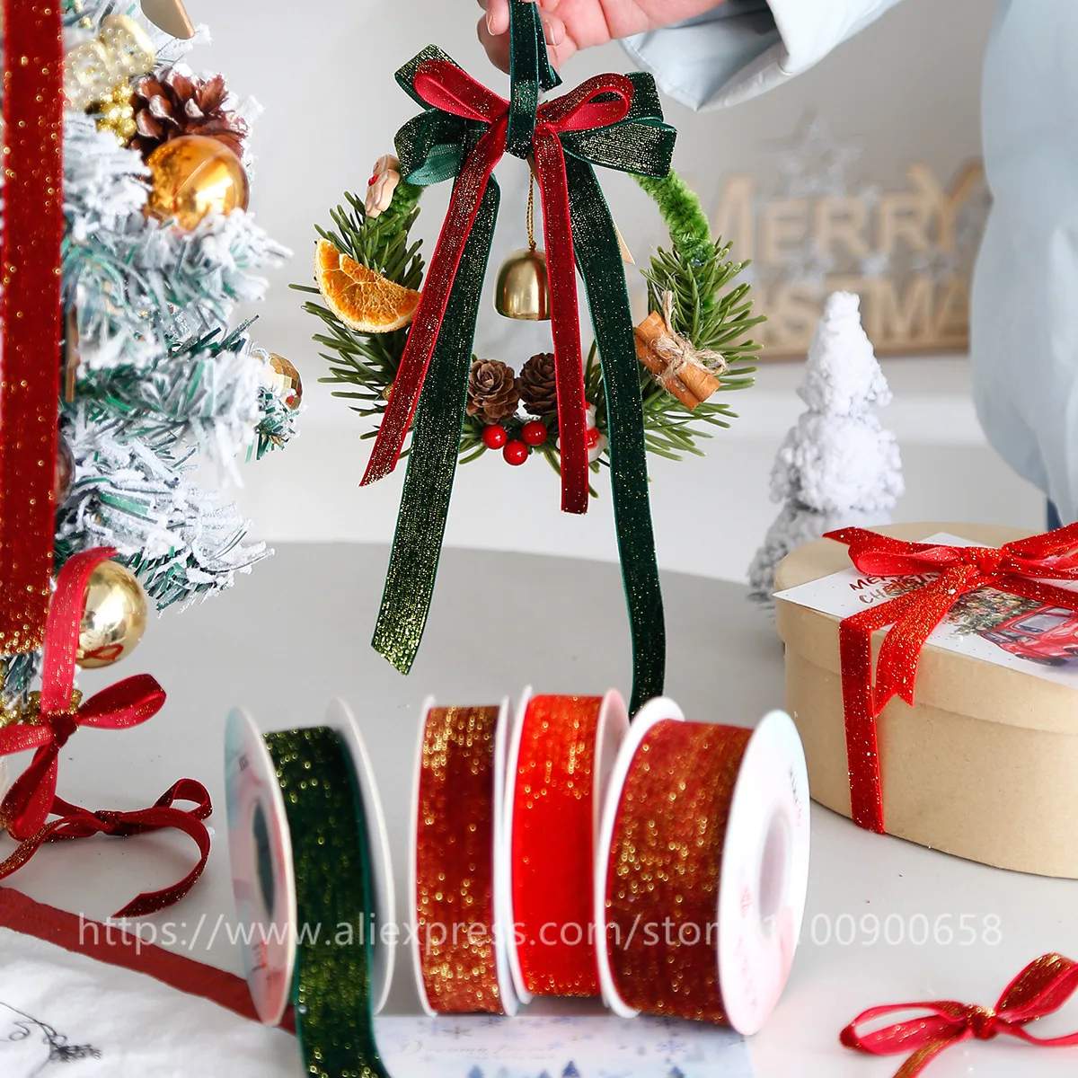 25Yards(5Roll) Wine Red Green Shining Gold Velvet Ribbon Roll.Christmas Tree Decoration . Handmade DIY Bow Gift Packaging Ribbon