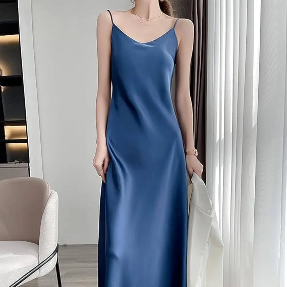 Spring Summer New Style Halterneck Dress French Satin Vinegar Sexy Y Women\'s Mid-length Solid Color Bottoming Skirt