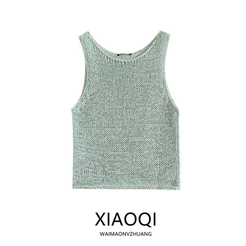 Mint Green Color Block Knitted round Neck Vest Top Women's Fashion Autumn 2024 Versatile Style Regular Length Other Material ...