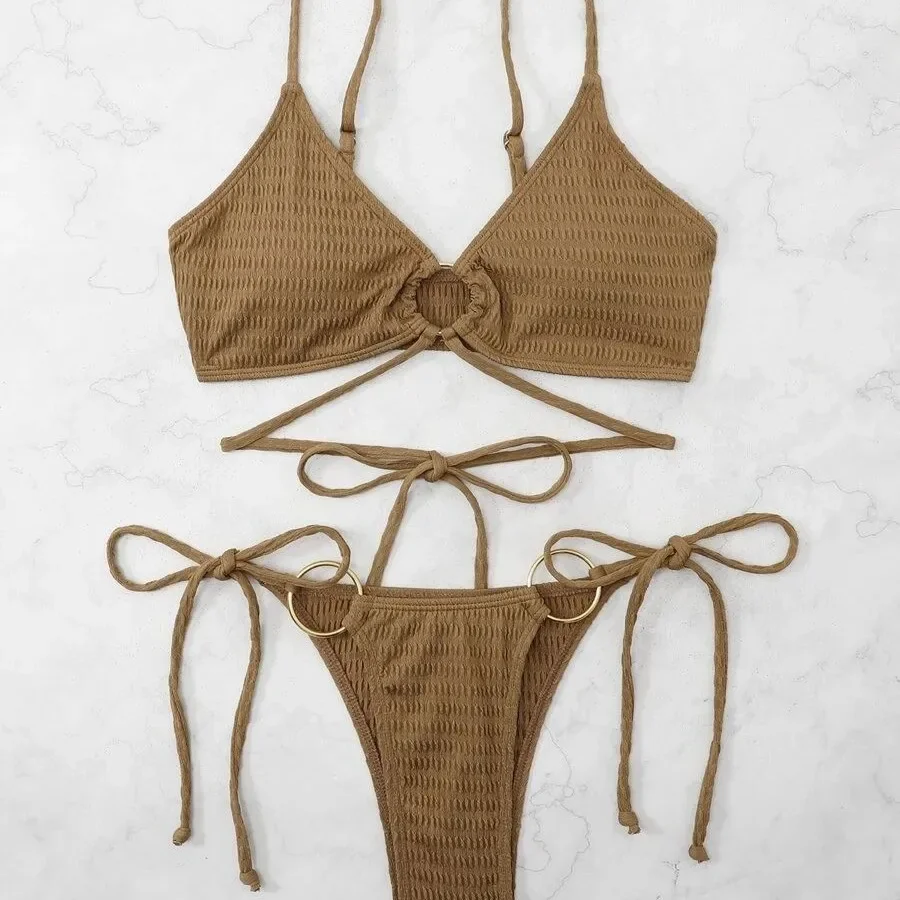 2025 New Bikini Women's Swimsuit Summer Sexy Seaside Vacation Spa Swim Pure Color Halter backless Swimwear Beach party Girl