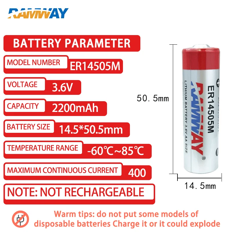 RAMWAY ER14505M 3.6V Non-Rechargeable Lithium Battery For Lntelligent Water Meter Personnel Positioning Card Patrol Stick