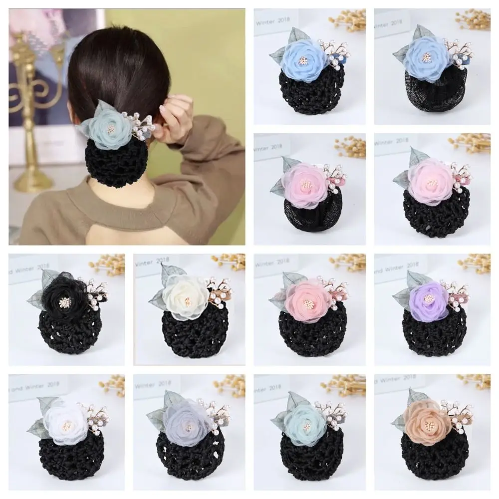 Korean Style Flower Snood Spring Clip Bun Snood Ponytail Clip Pearls Crochet Bun Net Hairgrips Cover Net Headwear