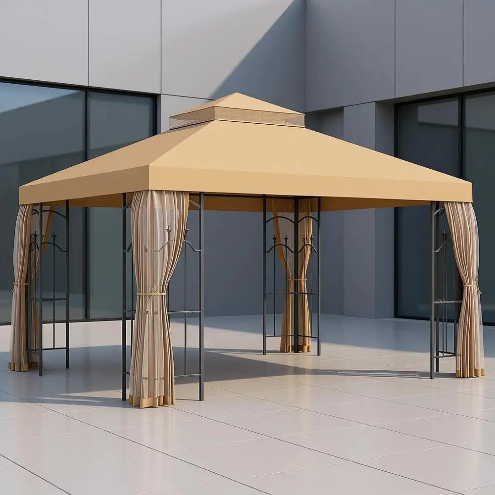 

Уличная беседка 10' x 12' с полками, двойной крышей и сеткой для патио, свадеб и мероприятий, коричневая