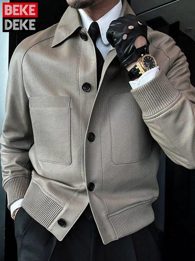 Italian Designer Mens Business Work Slim Fit Single Breasted Real Sheepskin Jacket Fashion Autumn Windproof Genuine Leather Coat