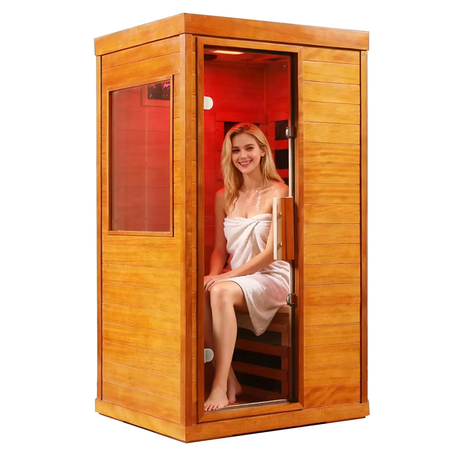 Sauna Seca Infrarroja para el Hogar, Mini Sauna Interior de Madera con Terapia de Luz Roja, Vidrio Templado, 6 Piezas de Carbono de Bajo EMF, Personalizable