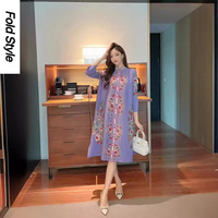 2024 New Mike Pleated Magic Dress Women's O-Neck Button Cardigan Elastic Waistband Slim and Relaxed Large Size Long Dress