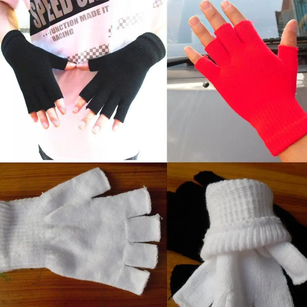 Ladies Winter Fingerless Gloves Mittens Solid Color Women Half Fingers Warm KnitMagic Gloves Mittens Men Unisex Black White