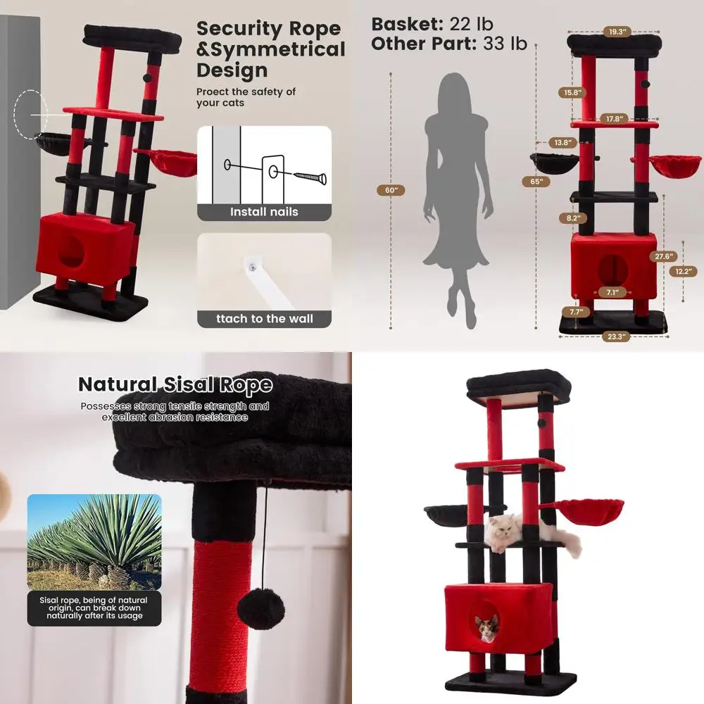

65 Heavy Duty Multi-Level Cat Tower with Sisal Scratch Post, Hammock & Large Platform (Black Red)