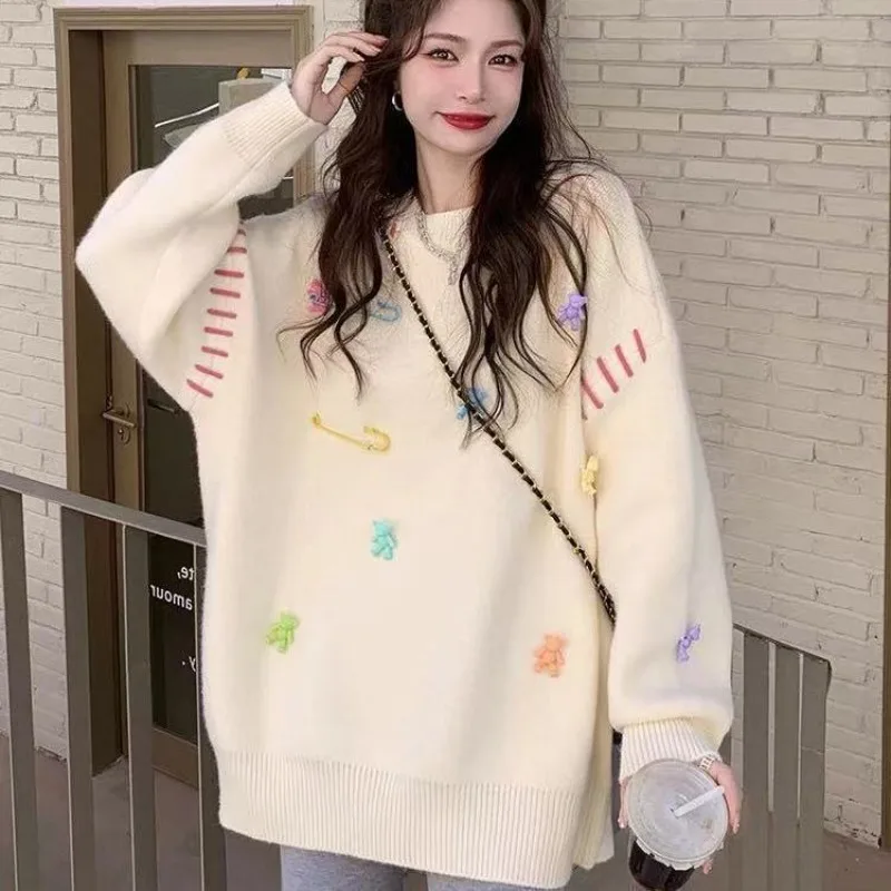 Autumn Winter New Fashion Cartoon Black Sweater Jumpers for Women Casual Loose Long Cute Bear Knit Pullover Tops Knitwear Female