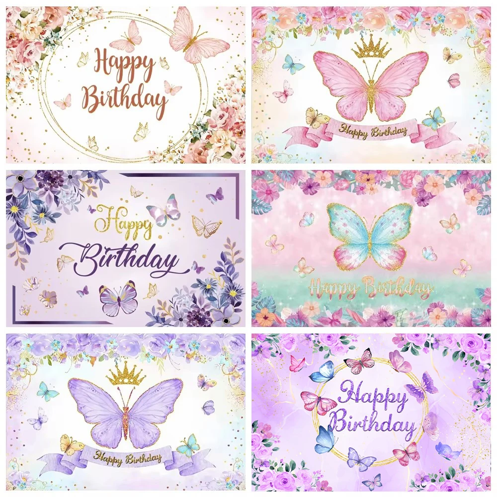만화 나비 배경 사진 소녀 첫 생일 파티 꽃 골드 도트 베이비 샤워 사진 배경, 사진 스튜디오용