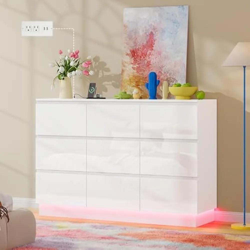 

9 Drawer Dresser, Modern White Dresser for Bedroom, Glossy Long Dresser with LED Lights & Charging Station, Ball Bearing Slide