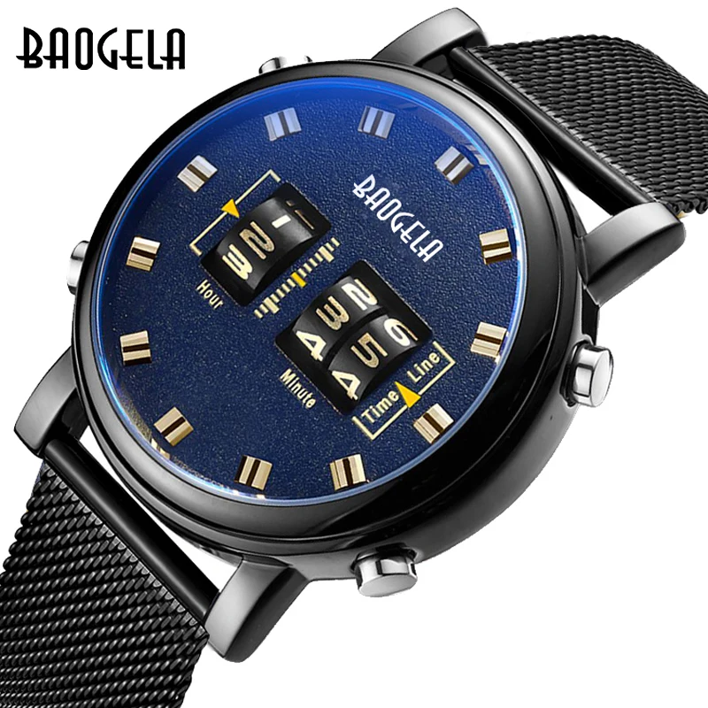 BAOGELA New Luxury Watches Men Military Sport Roller Pointer Quartz Watch Man Fashion Stainless Steel Mesh Strap Wristwatch