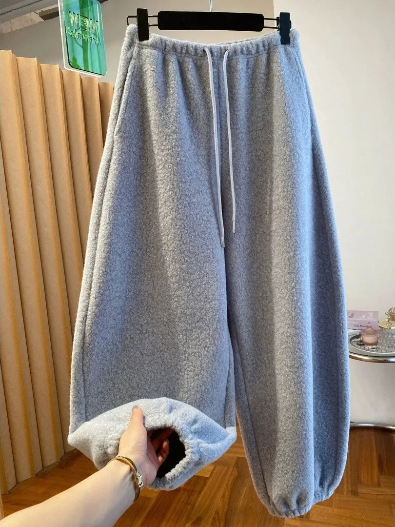 

Extra Large Size 300 Pou American Sle Elastic Waist Lamb Fur Pants ex Autumn Winter New Loose Matching Cuffed Sweatp...