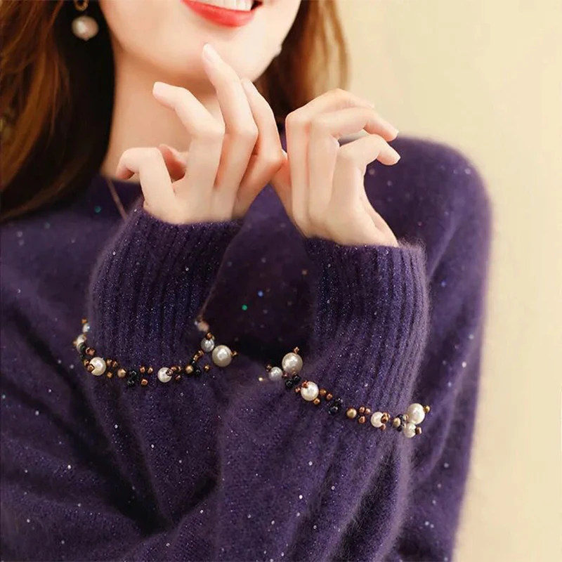 Autumn Winter Half High Collar Beading Sequins Loose Casual Sweater Ladies All-match Knitting Pullover Top Women Trend Jumper