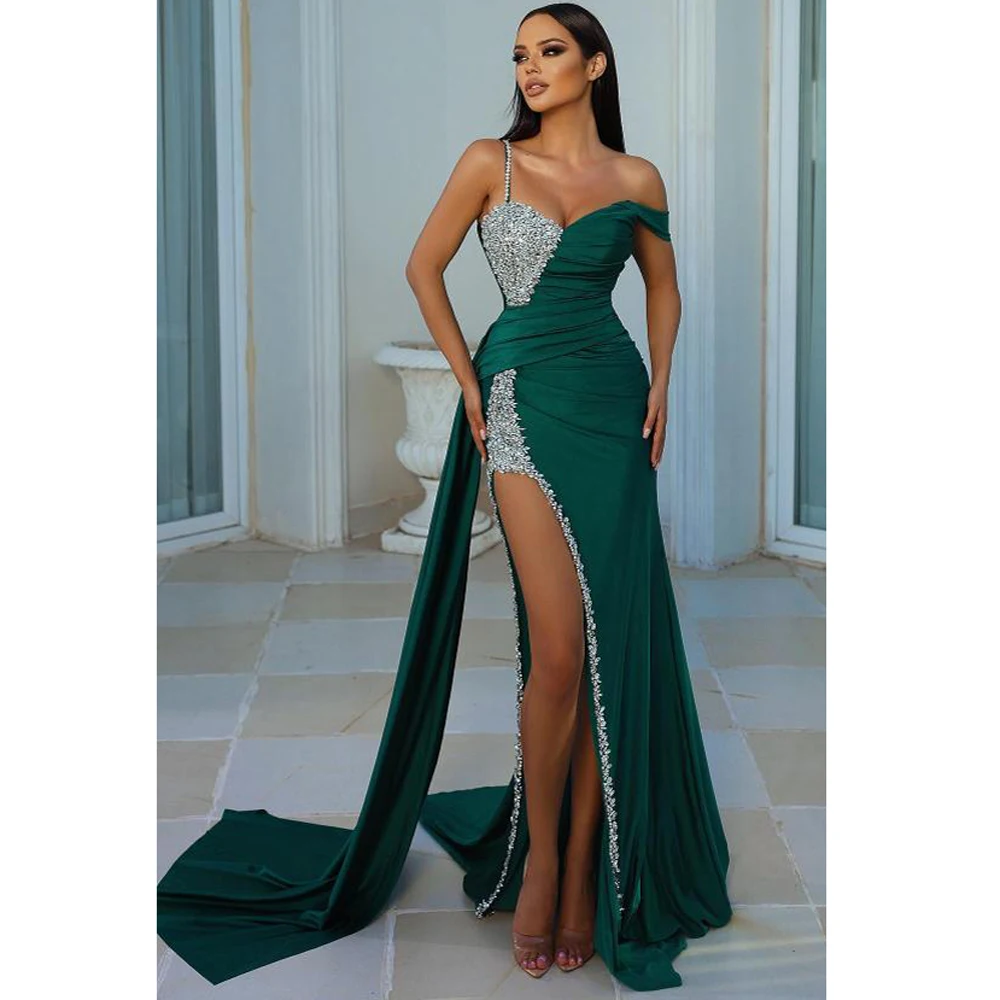 Latest Long Evening Dresses For Women 2023 Shoulder Asymmetrical Design Ruched Waist Ribbon Beading Sequined High Split Vestidos