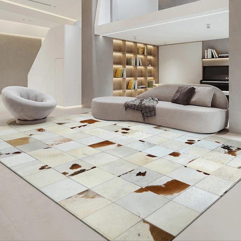 Modern Luxury High-grade Large Size Cowhide Rug Mosaic Rectangular Living Room Tea Table Cushion Bedroom Bed Leather Carpet