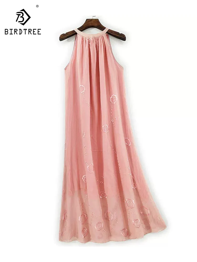

BirdTree-Silk Elegant Vest Dress, Halter Embroidery, Women Beach Vacation Party Loose Sleeveless Dress, 2026 Spring New D5D030CC