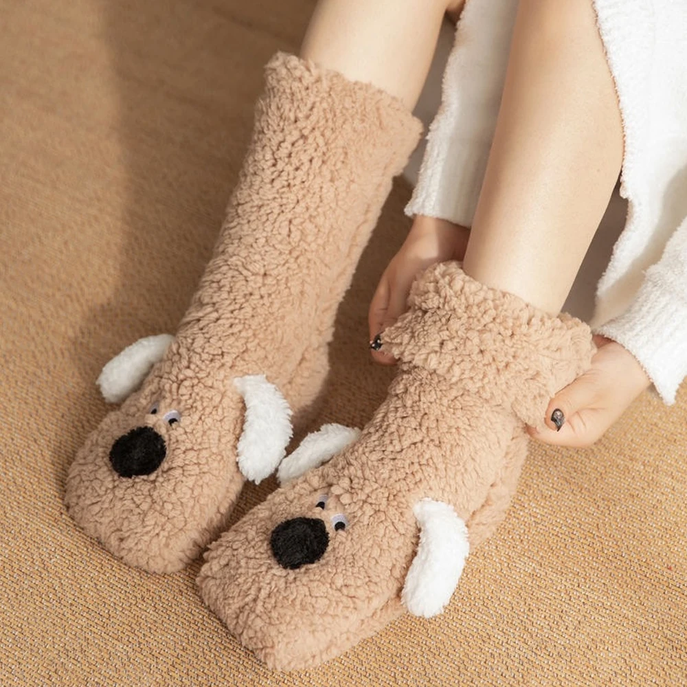 1 Pair of Cute Puppy Floor Socks, Non-Shedding and Machine Washable, Cartoon Animal Fluffy Socks, Super Soft, Warm, Comfortable Indoor Leisure Sleep Socks for Women