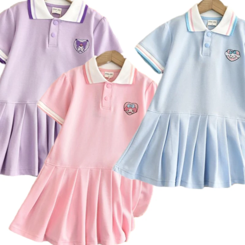 2024 New Sanrios Children Dress Kawaii Girls Princess College Style Summer Polo Collar Short Sleeves Pleated Skirt Birthday Gift