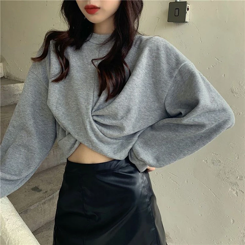 

Crisscross Sexy Crop Long Sleeve Round Neck Women T Shirt Fashion Oversized Spring Autumn Korean Style New Top Slim Streetwear