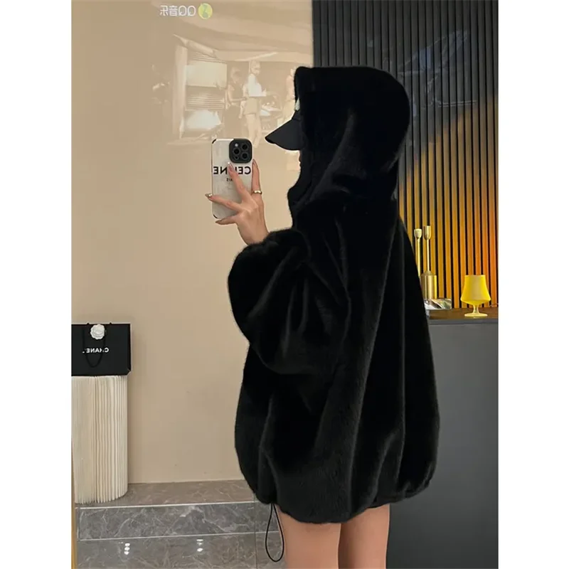 Autumn Winter Large Size Lmitation Rabbit Hair Coat Women 2024 New Fashion Loose Casual Tops Hooded Jacket Outerwear Female