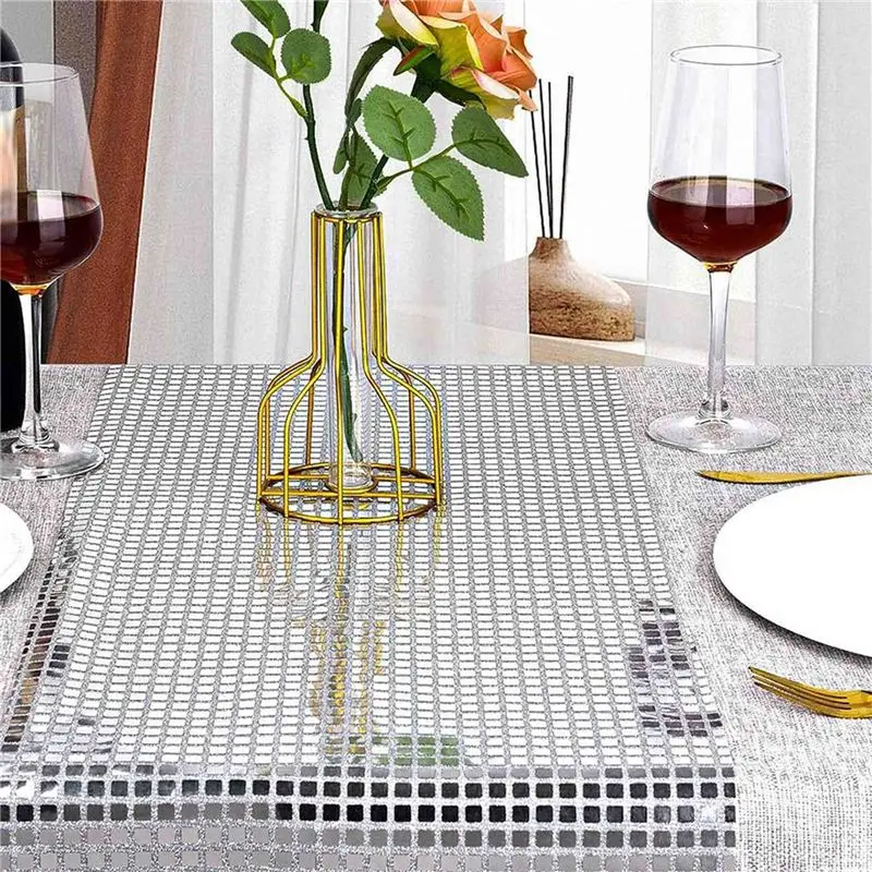ABMS-2X Disco Party Table Runner Mirror Silver Foil Table Runner Glitter Metallic Table Cover For Disco Dance Party Wedding