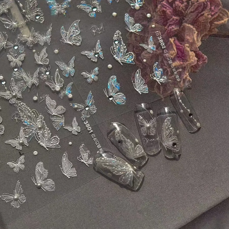 Fairy Butterfly Nail Stickers Shell Luster 3D Liquid Clear Self Adhesive Waterproof Decals for Manicure Supplies Viral