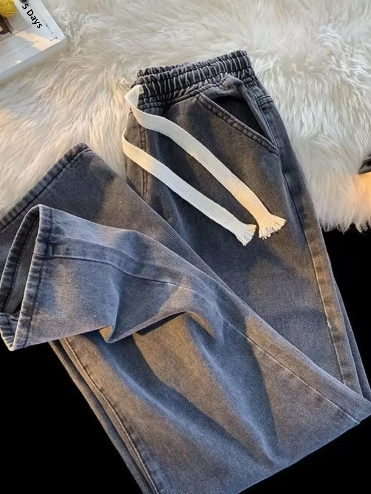 남성용 캐주얼 스트레이트 레그 진, 끈이 있는 신축성 있는 허리, 건설 작업용 내구성 있는 와이드 레그 작업복 바지