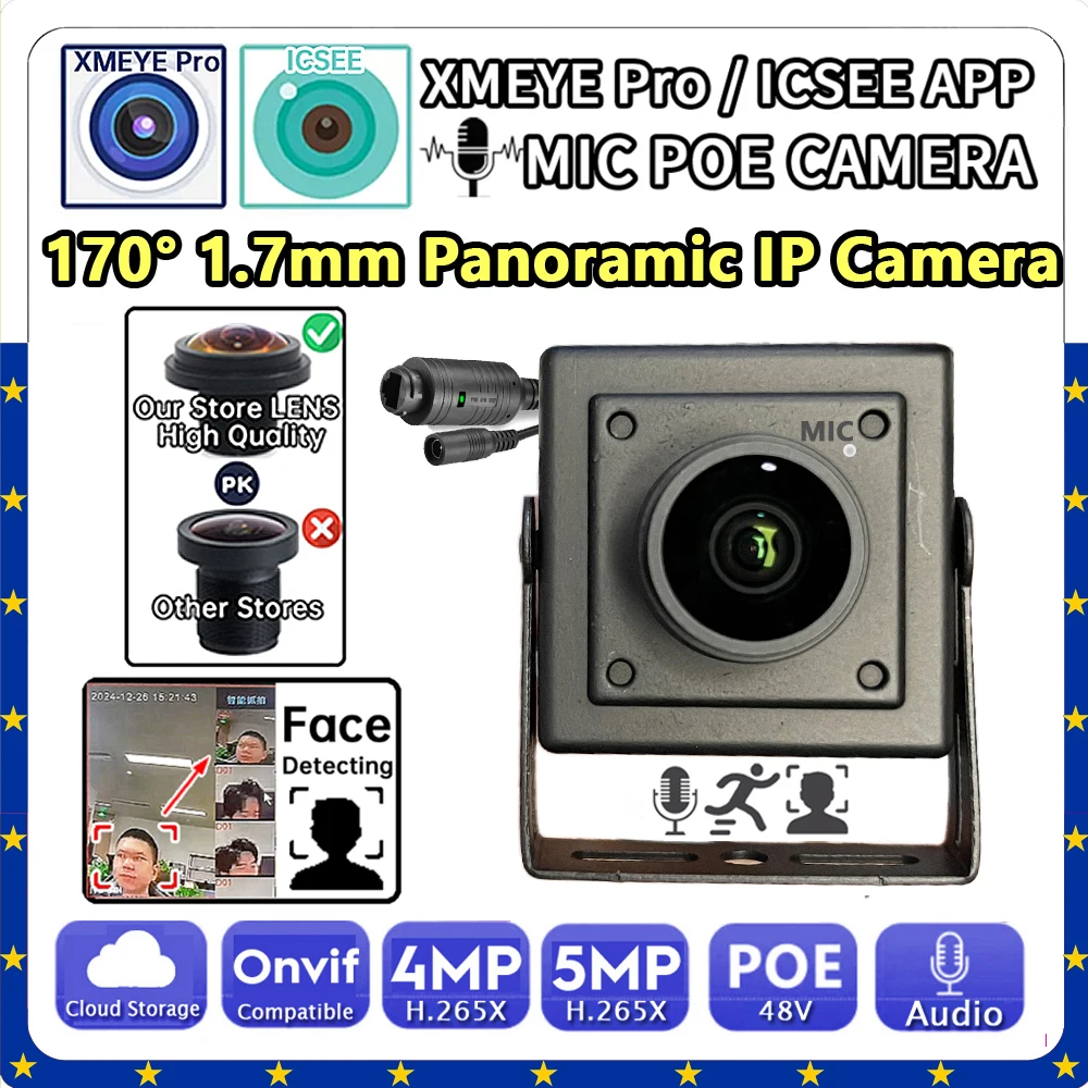 

Аудиомикрофон 4MP Панорама 1,8 мм «рыбий глаз» Большой угол HD Цифровая металлическая мини-IP-камера 48VPOE 2K ONVIF Маленькая микро-камера для внутреннего лица Xmeye