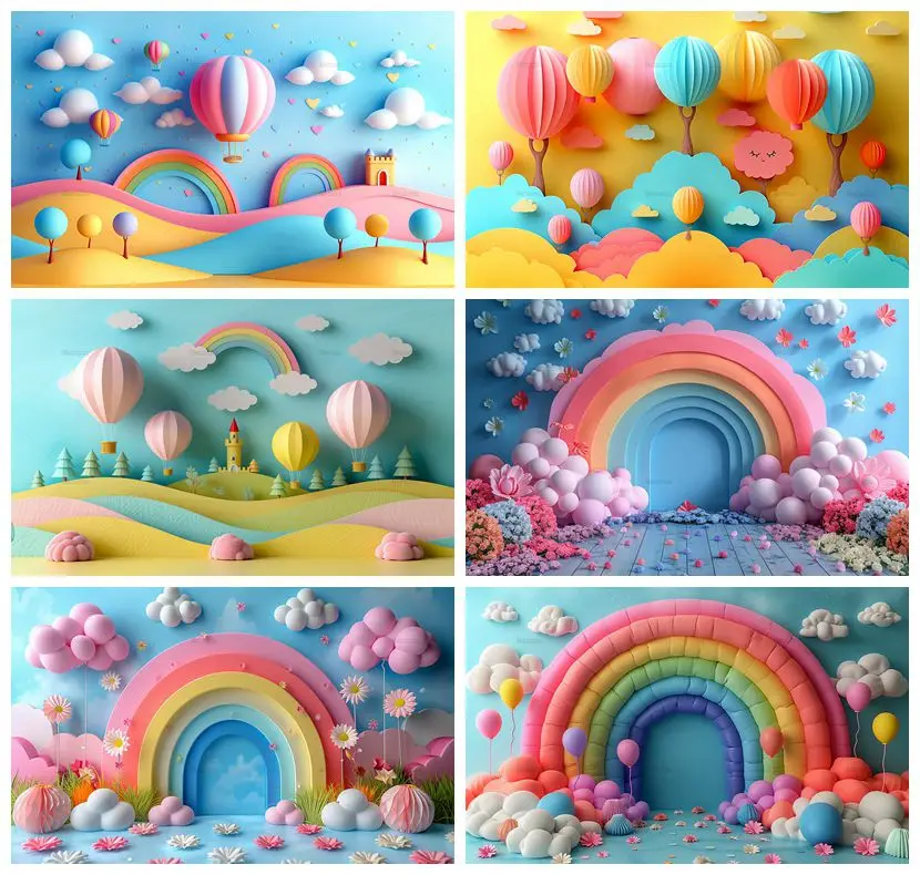 Colorful balloon Birthday Party Backdrop for Photography Customized Girls First Rainbow Decor Background Studio Props