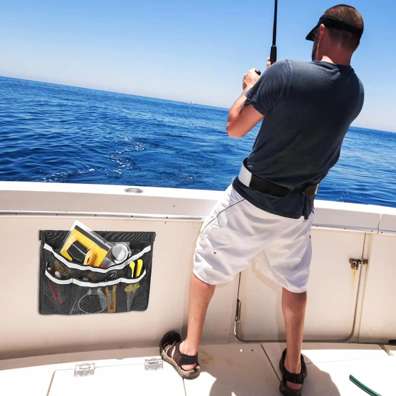 Boat Caddy Organizer Waterproof Breathable Self-Adhesive Reflective Boat Storage Net Bag For Sea Tools Fishing Gear Gloves Small