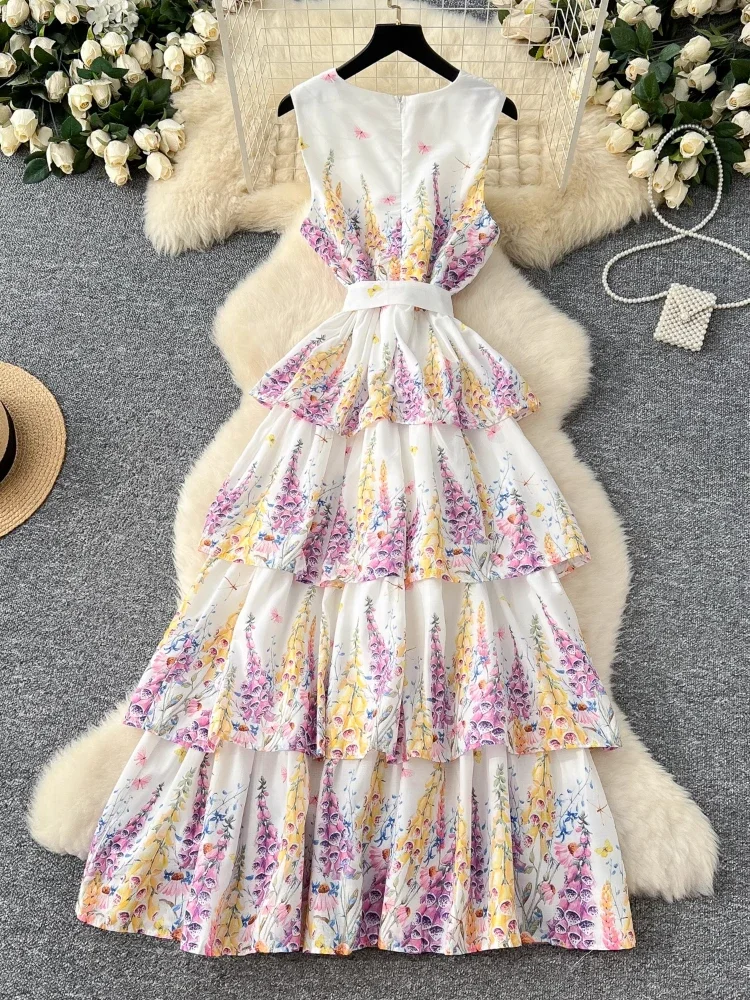 France Elegant Vintage Folk Evening Dress Women Print Sashes Slim Long Party Dress Female Casual Chic Festival Holiday Clothing