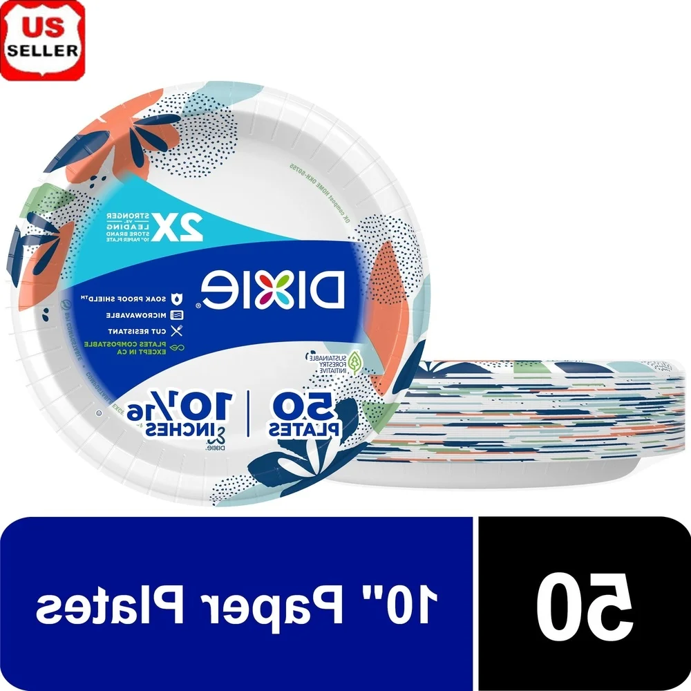 

Everyday Disposable Paper Plates 10in 50 Count Strong Leak Resistant Soak Proof Microwave Safe Perfect Parties Picnics Barbecues