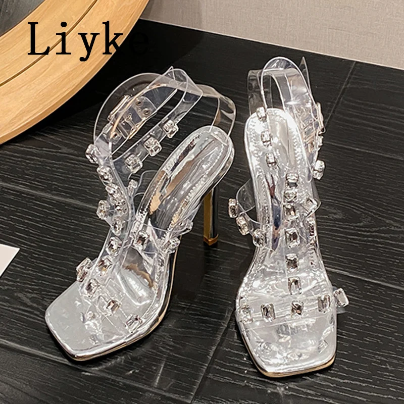 Liyke Summer 11.5CM Thin High Heels Transparent Sandals Women 2024 Fashion Crystal Diamond Ankle Strap Ladies Party Dress Shoes