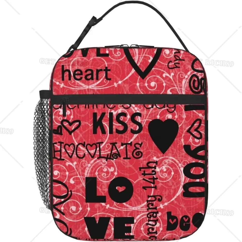 Valentine's Day Printed Lunch Bag with Side Pocket for Women Love Hearts Insulated Box Thermal Meal Tote for Work Picnic Office