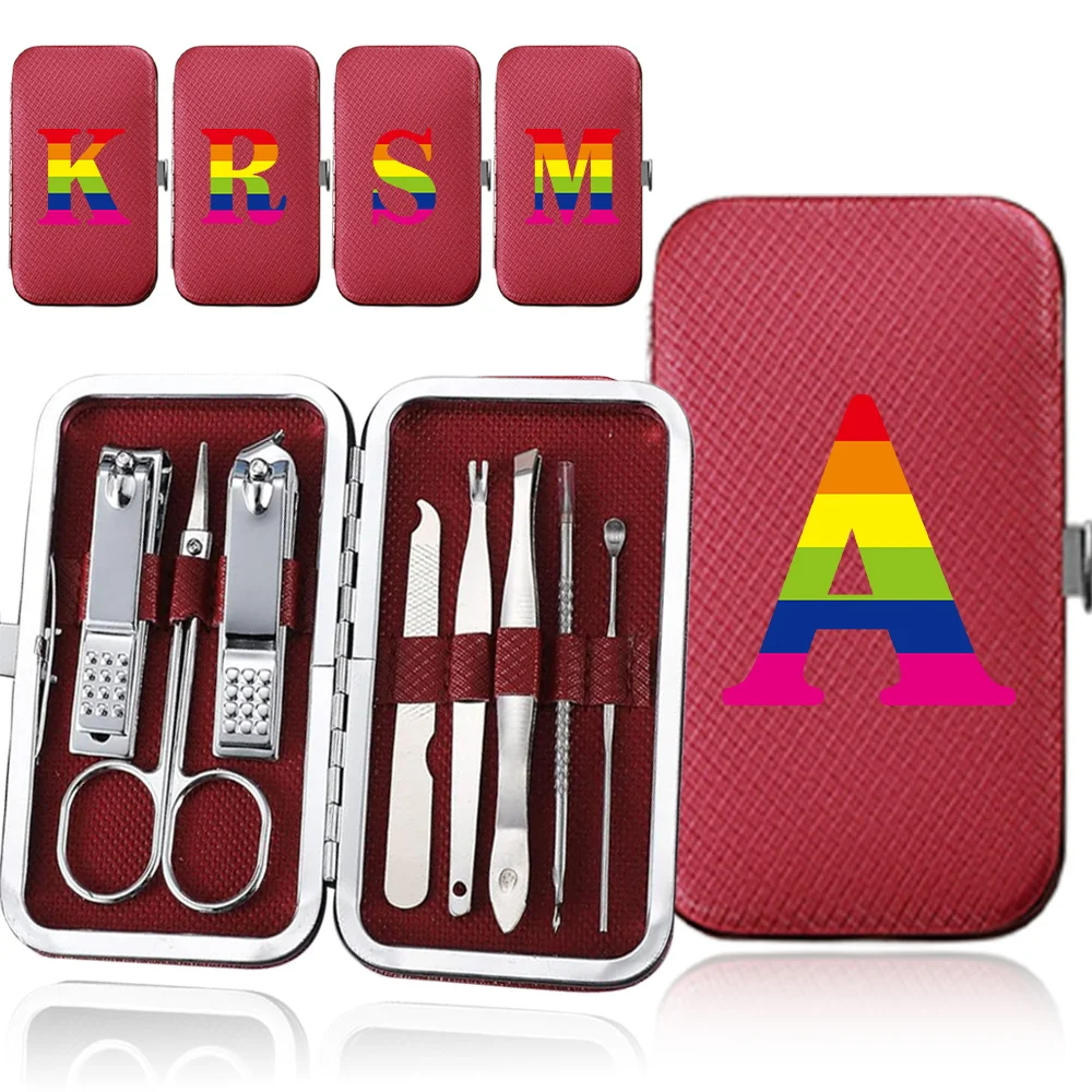 8Pcs Tragbare Edelstahl Maniküre Set Nagel Clippers Organizer Pediküre Pflege Werkzeuge Pflege Nagel Kit Regenbogen Brief Muster