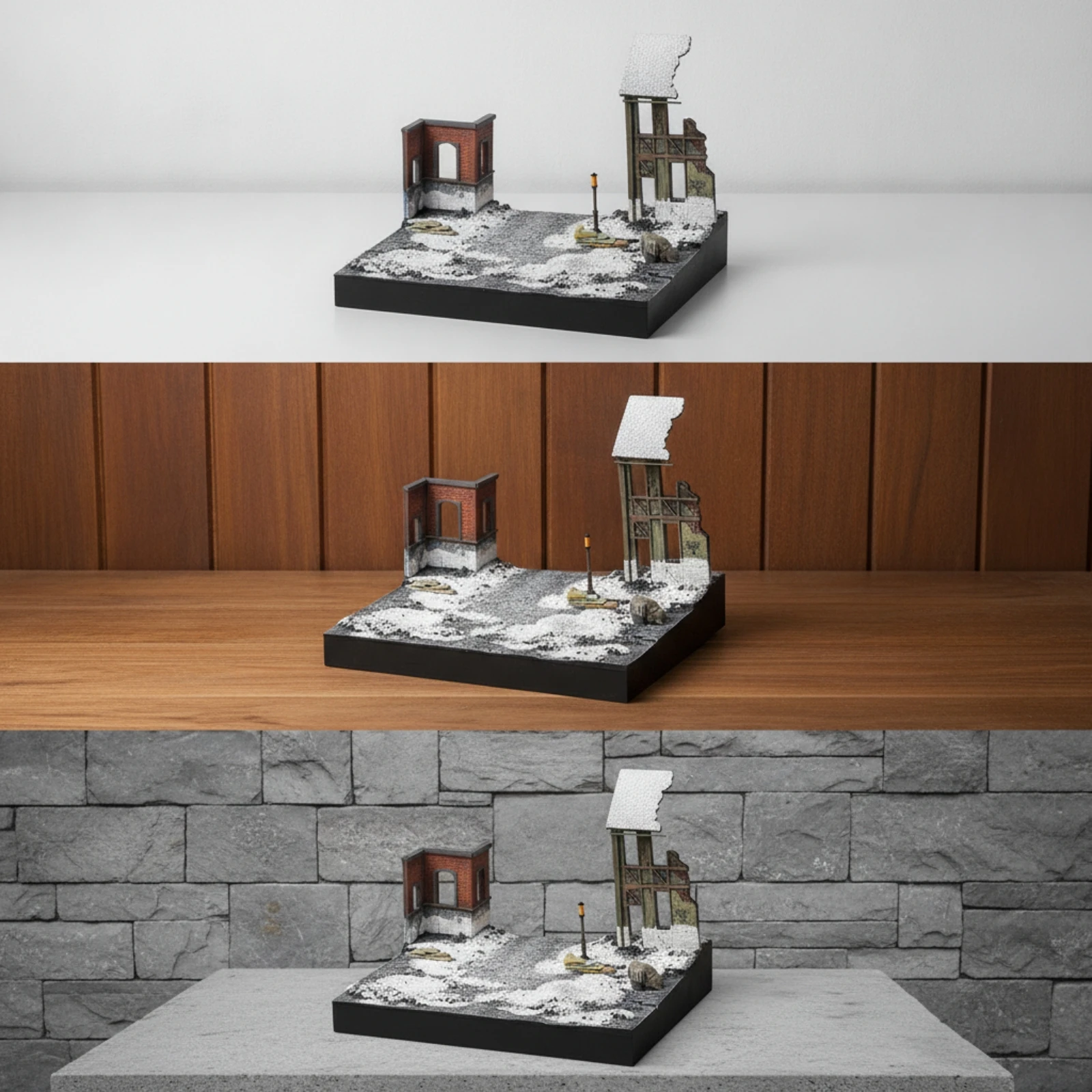 Diorama Base Winter Theme Battlefield Diorama Miniature Scene with Ruined Building Pre-Painted Scenic Platform Compact