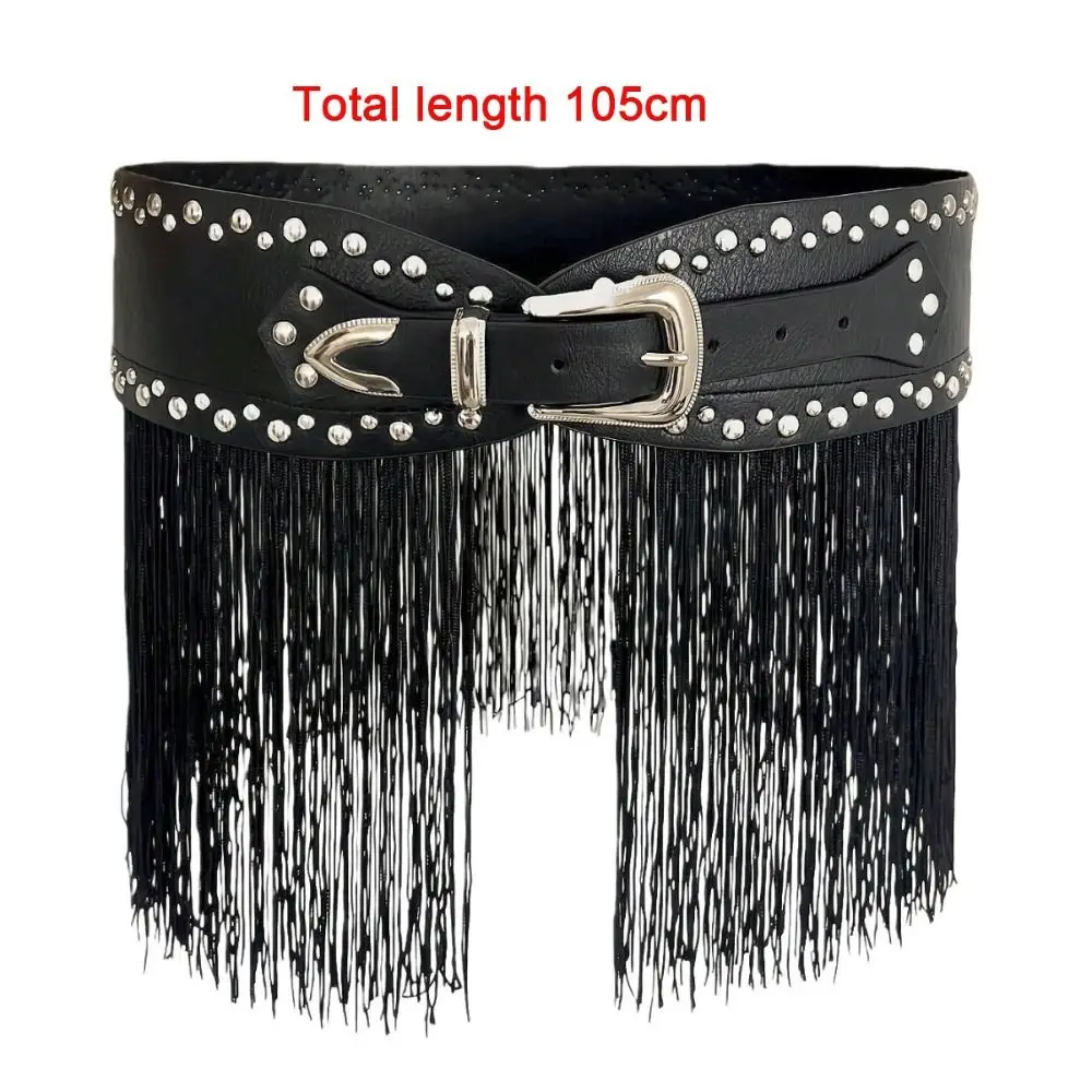 Personality PU Leather Tassel Belt Punk Style Patchwork Design Rivet Belt Vintage Western Cowboy Wide Belt Daily Wear
