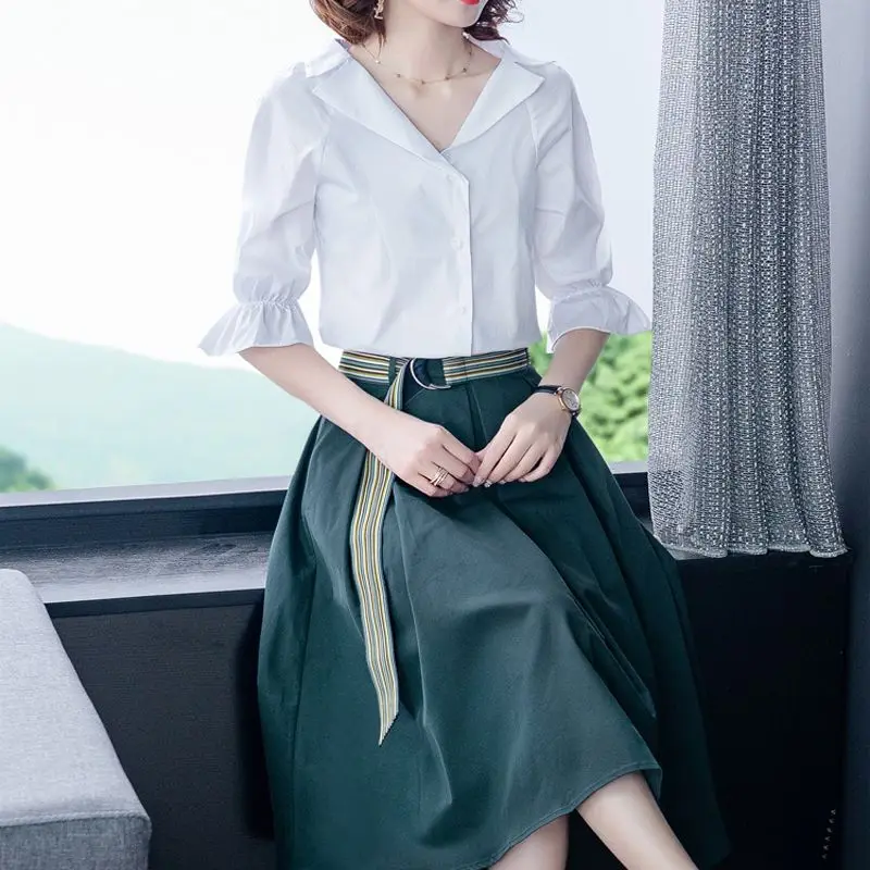 

Temperament Half Sleeve Loose Shirt Tops Summer New High Waist Solid All-match Office A-line Skirt Elegant Fashion Women Clothes