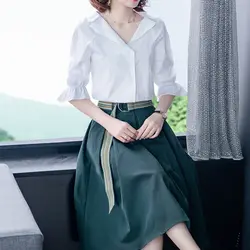 Temperament Half Sleeve Loose Shirt Tops Summer New High Waist Solid All-match Office A-line Skirt Elegant Fashion Women Clothes