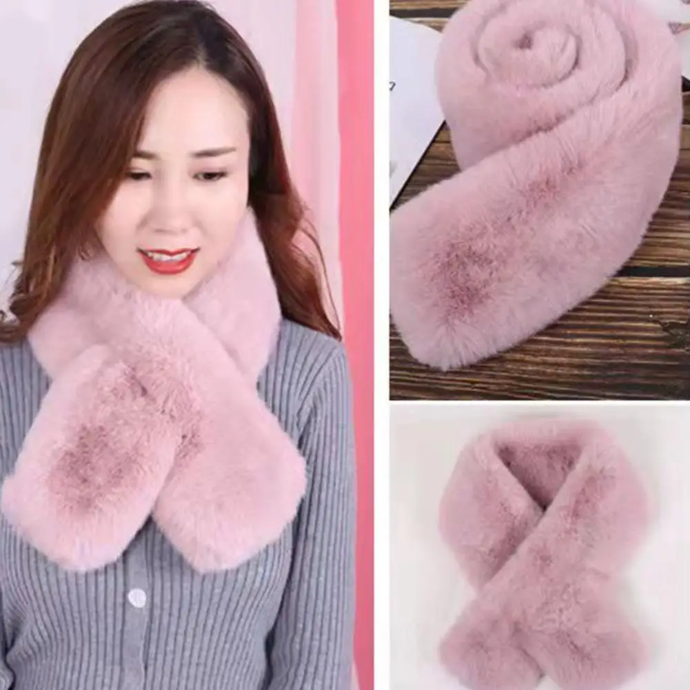 Cross Scarf Faux Rabbit Fur Thickened Soft Cozy Plush Cold Resistant Solid Color Autumn Winter Women Neck Warmer Collar Scarf