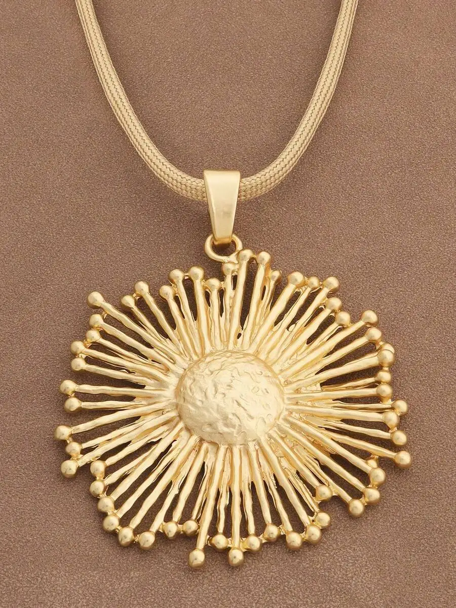 

Golden Sunburst Pendant Necklace With Textured Center And Beaded Rays, 18+2 Inch Adjustable Chain For Women