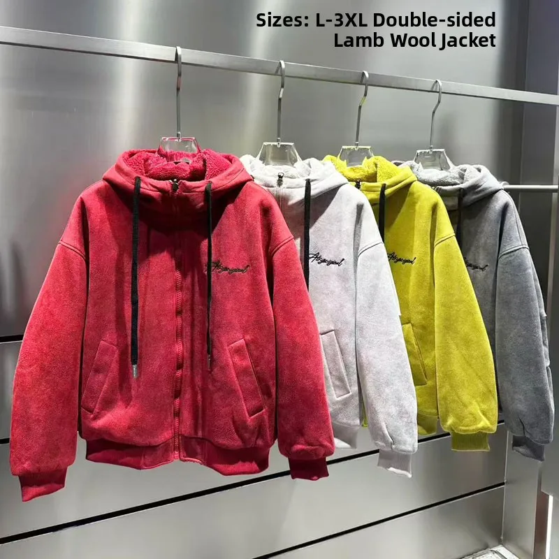 

Double-Sided Wear Casual Hooded Jaet Men's Loose Fit Student Faion Versatile Lamb Fur Coat Youth Sle Windproof
