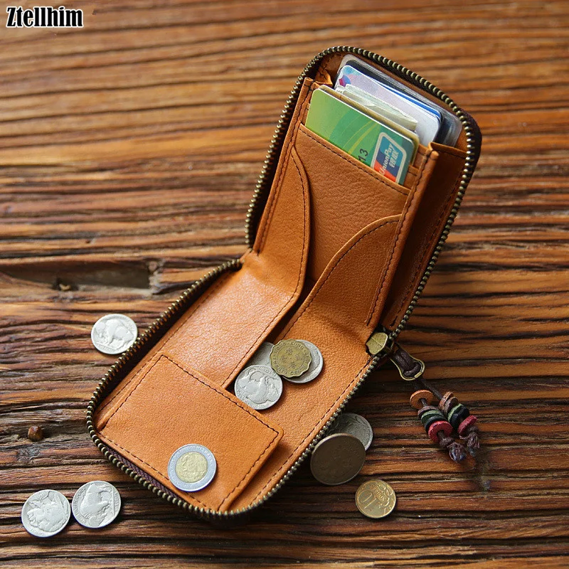 Genuine Leather Wallet For Men Women Vintage Handmade Short Zipper Around Wallets Purse With Card Holder Coin Pocket Money Bag