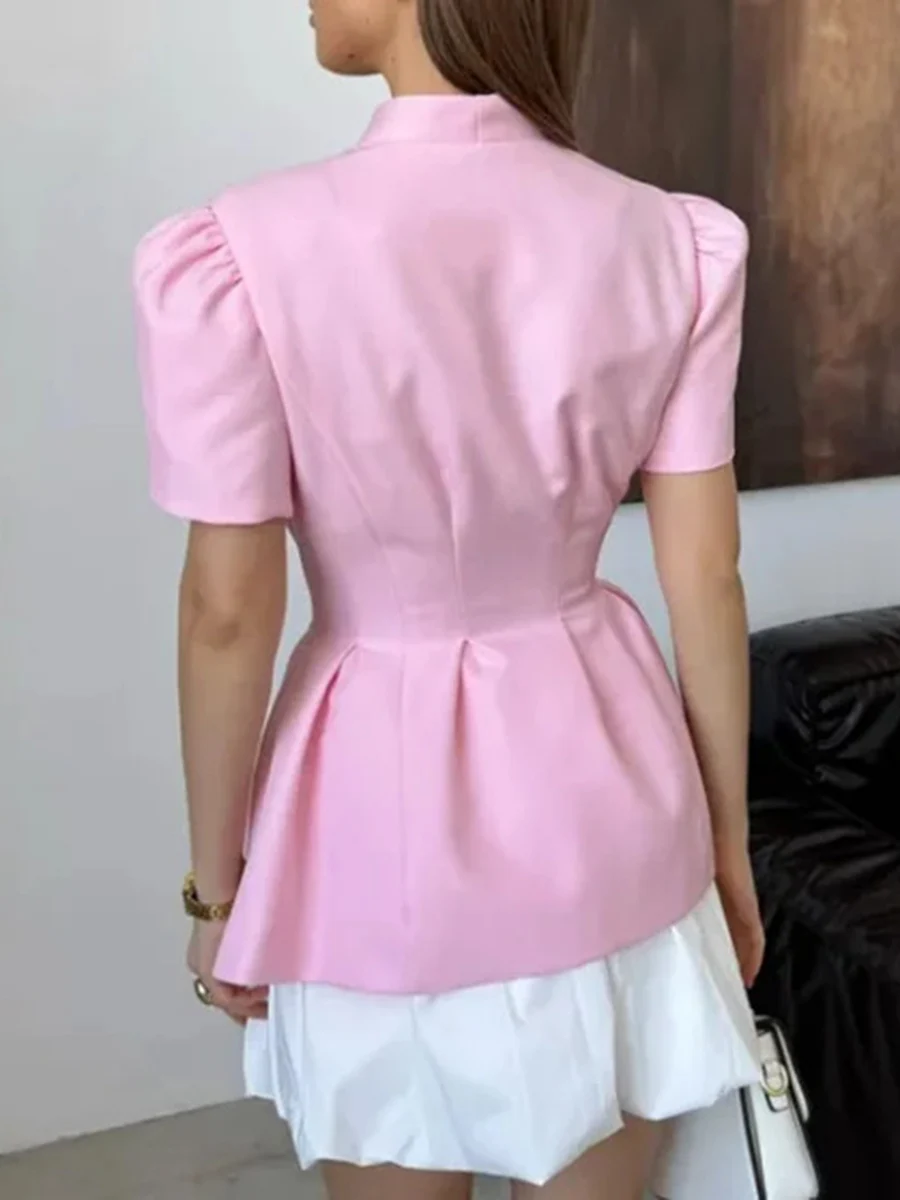 TWOTWINSTYLE Hit Color Patchwork Appliques Jacket for Women V Neck Short Sleeve Slimming Elegant Temperament Coats Female Summer