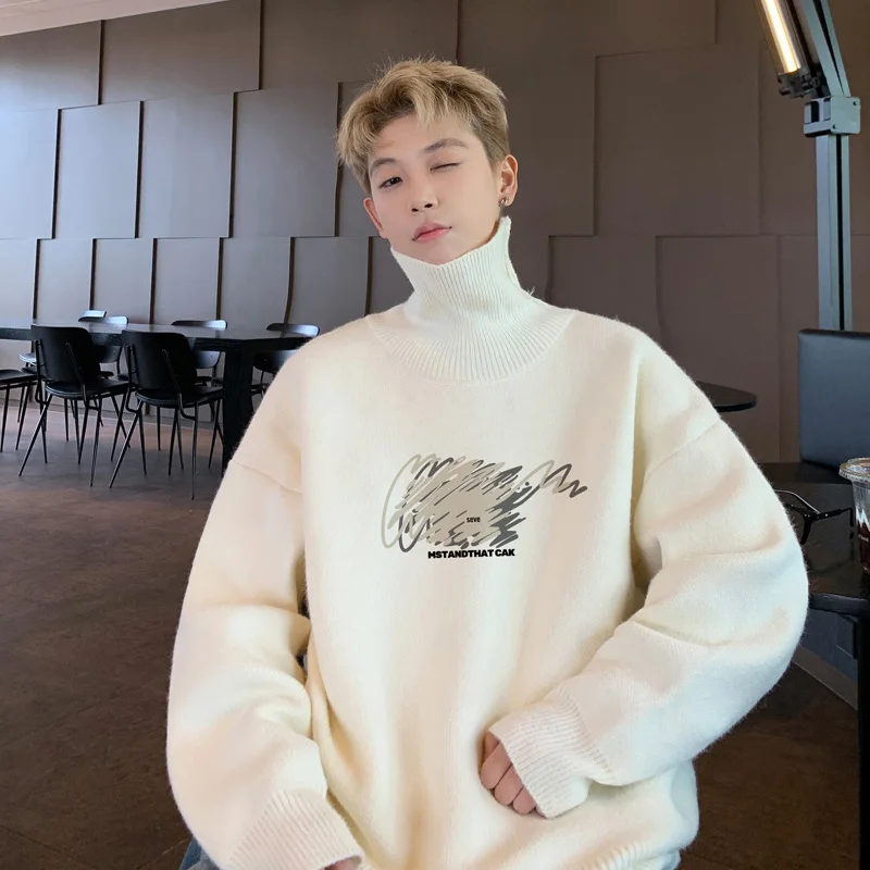 

Men's Oversized Sweaters 5XL Autumn Knitted Sweater White Turtleneck Fashion Print Casual Wear for Man Knit Pulloves Men Clothes