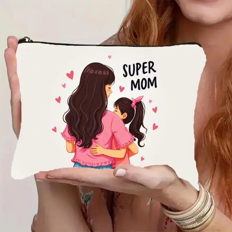Super Mom & Daughter Hug Print Cosmetic Organizer - Cute Mother-Daughter Makeup Bag with Zipper Closure, Soft Fabric Travel