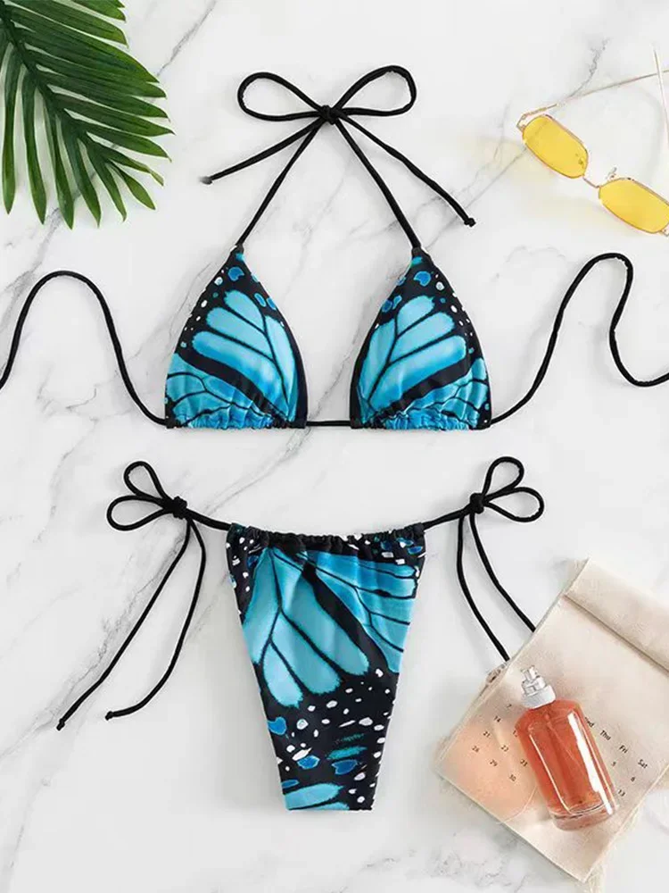 

Sexy Print Lace Up Bikinis 2 Piece Set Women Split Swimsuit High Waist Backless Beach Bikinis 2025 Summer Swimwear Bikinis Set