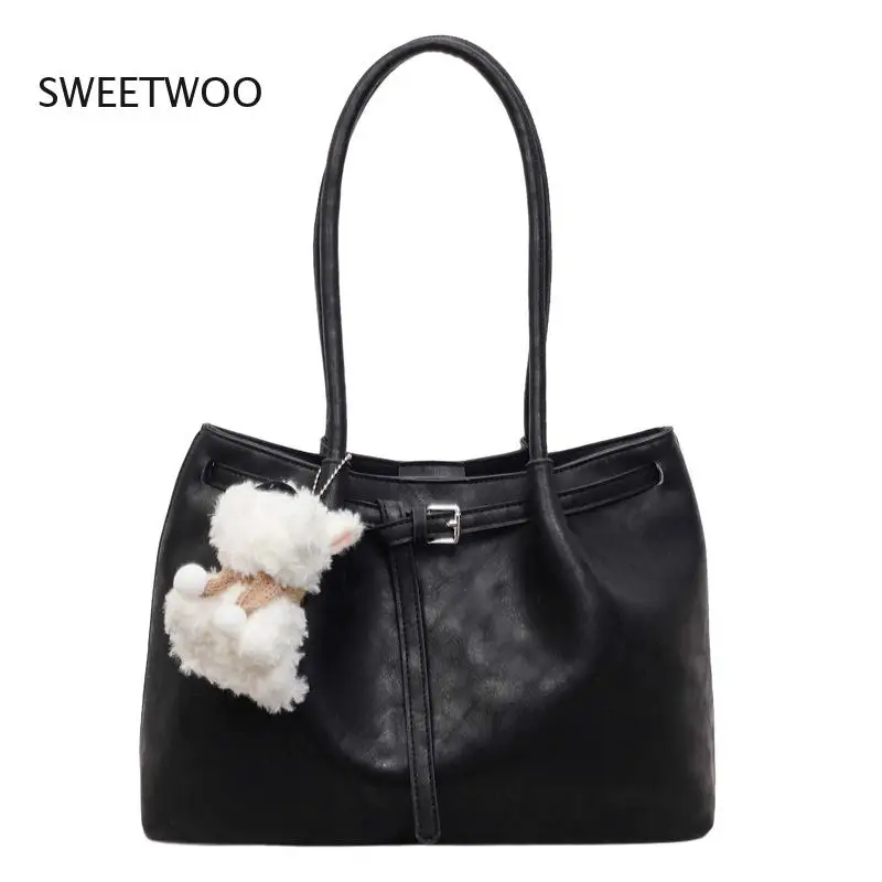 Soft Pu Leather Tote Bag with Plush Puppy Charm, Large Capacity Shoulder Shopper