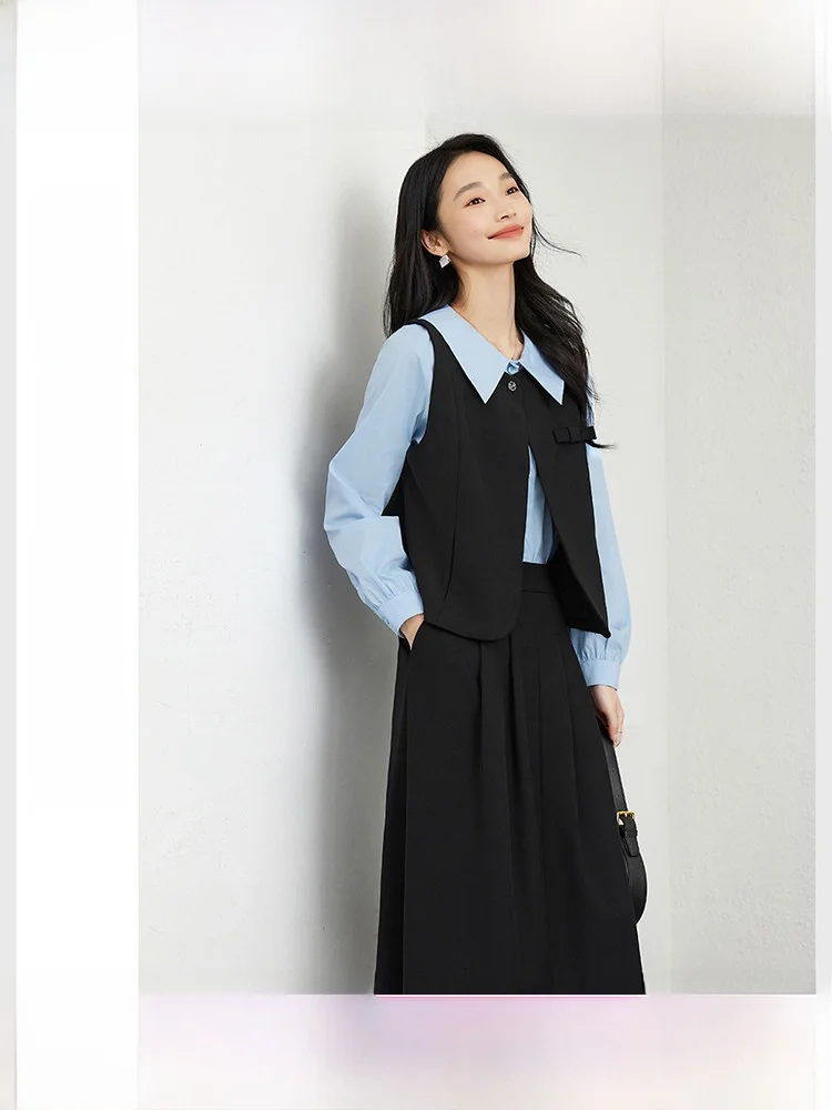 

Blue Black Fashion Set 2026 Spring Shirt Vest Skirt Trendy Three-piece Set Women's Business Style Cotton Fabric